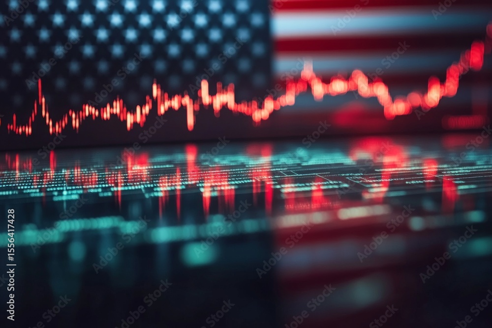 Poster decreasing stock market graph showing negative trend reflecting on computer screen with united state