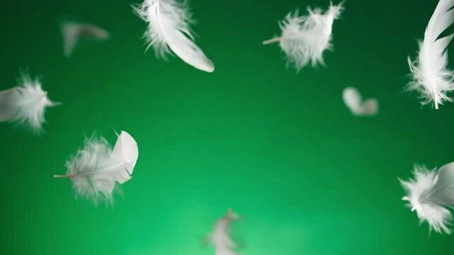 Gentle white feathers falling slowly against vibrant green background creates soft effect