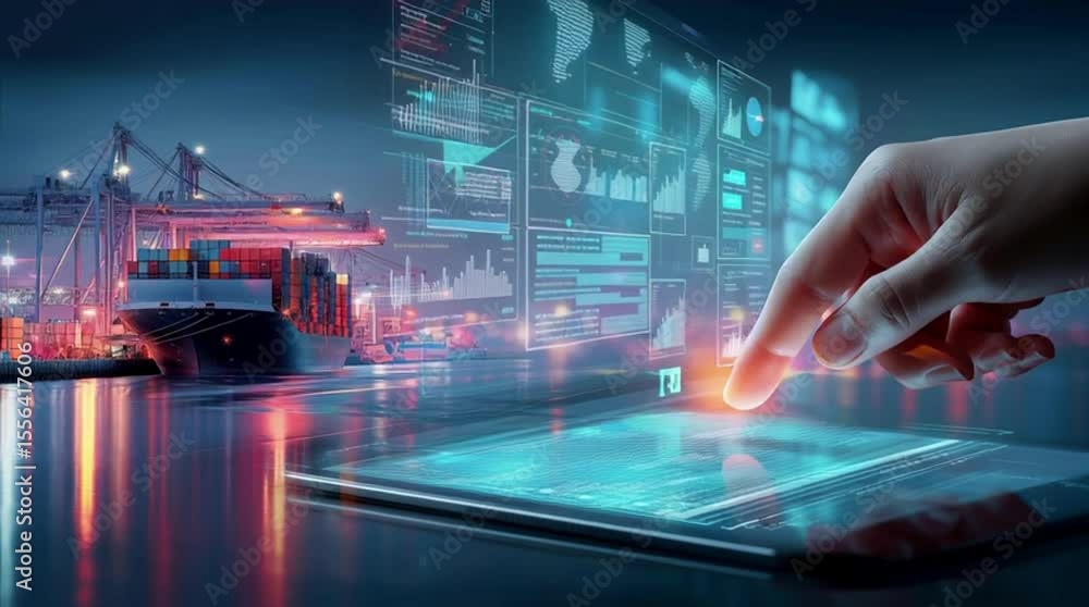Poster hand interacting with digital tablet displaying shipping container port view at night, illustrating 