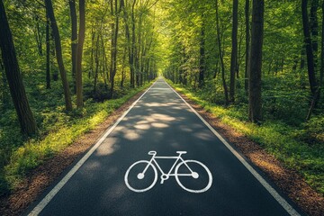 Fototapeta premium Empty asphalt road with bicycle lane crossing beautiful green forest illuminated by bright summer sunlight
