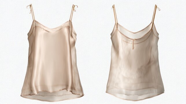 Flat lay mockup of a sleeveless silk camisole, front and back views, on transparent background, emphasizing delicate straps and fabric sheen