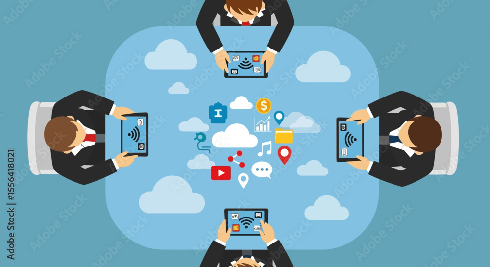 Poster cloud computing collaboration business team meeting with tablets and digital network