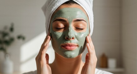 Close up of a woman applying a natural clay face mask in a bright bathroom
