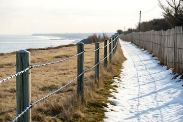 Snowy trail curves along a coastal path with a fence in winter