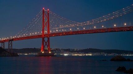 Obraz premium Beautifully Illuminated Red Suspension Bridge Across Water at Dusk Showcasing the City Skyline in the Background