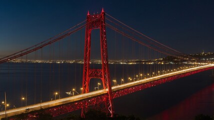 Fototapeta premium Illuminated Red Bridge Spans Waterfront Against a Night Sky With Twinkling City Lights in the Background