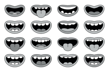 Collection of Various Cartoon Mouth Expressions in Grayscale Set black and gray cartoon mouth shapes with different expressions mouth expressions cartoon mouths animation