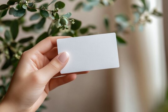 Hand holding a blank white business card with copy space, perfect for showcasing your design