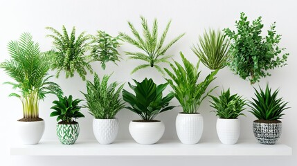 Fototapeta premium Green Plant Collection in White Pots, Home Decor, Interior Design Plant Arrangement, Indoor Plants