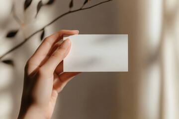 Hand holding a blank business card mockup with plant shadows in a minimalist home office