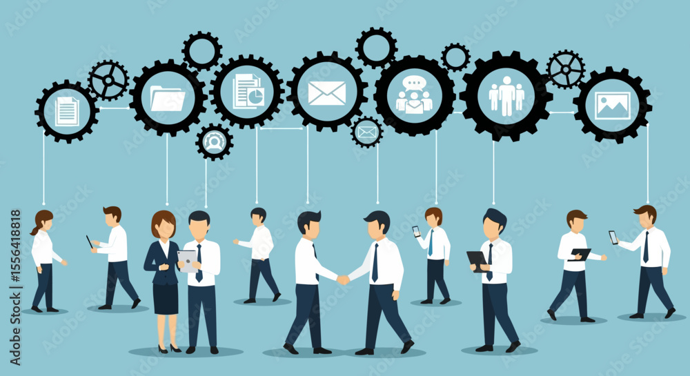 Poster efficient teamwork and collaboration business process optimization illustration