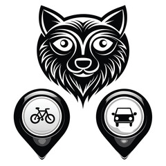 Black and White Stylized Wolf Head with Bicycle and Car Location Markers animal