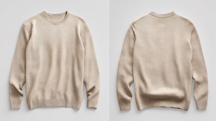 Fototapeta premium Flat lay of a fine-gauge knit sweater, front and back views, on clear background, emphasizing smooth finish and lightweight fabric