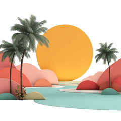 Fototapeta premium Minimalist 3D tropical landscape featuring palm trees and stylized rolling hills with a large yellow sun isolated on transparent background.