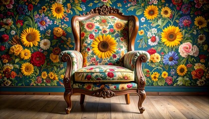 Ornate floral armchair against a floral wallpaper