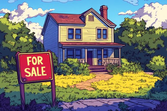 Charming two-story house for sale, featuring an overgrown lawn and a prominent for sale sign, evoking a sense of opportunity and potential