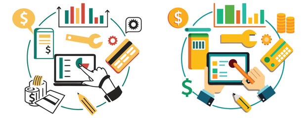 Financial Data Analysis Illustration Laptop Tablet Charts Graphs Credit Cards Wrench Gears