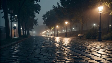 Rain-speckled cobblestone street reflecting streetlamp glow — night mood