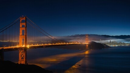 Obraz premium Nighttime View of Golden Gate Bridge Illuminated Against Foggy Skyline of San Francisco and Calm Waters