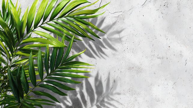 Illustration of tropical palm leaves with abstract shadow on white concrete wall tropical blurred background. Ai generated Image
