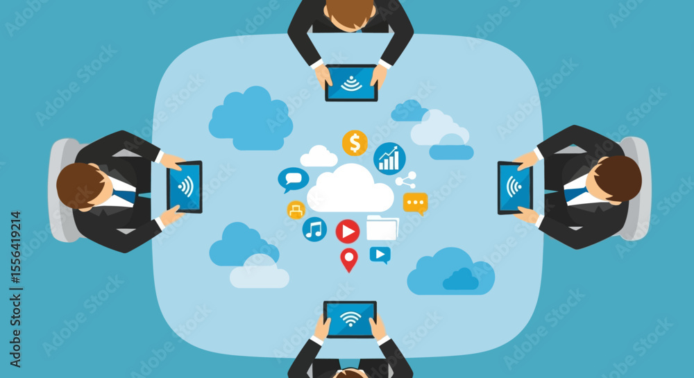 Poster team collaboration and cloud computing a visual representation of modern business strategies