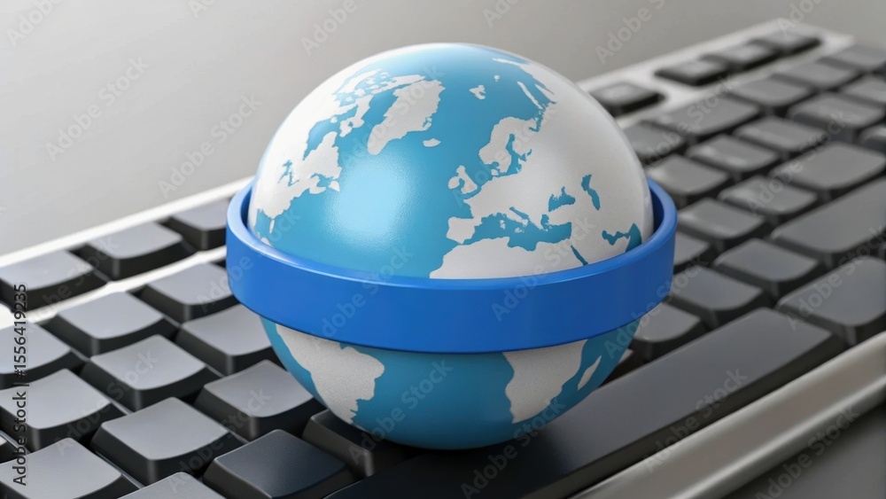 Poster a globe sits on a keyboard, symbolizing the connection between technology and global communication.