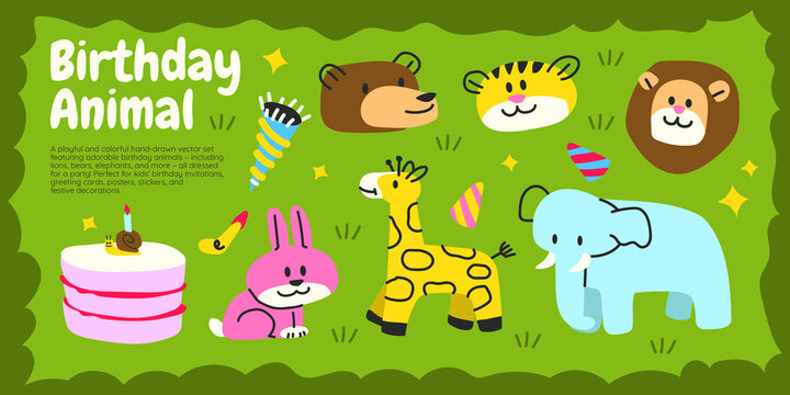 Cute Hand-Drawn Birthday Animals Vector Set