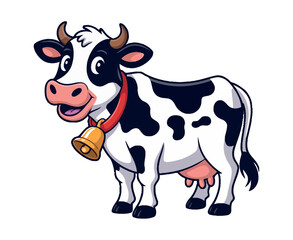 Cute Cartoon Cow with Bell and Spots Smiling cartoon cow black white spots red collar golden bell cow cartoon cute animal farm illustration