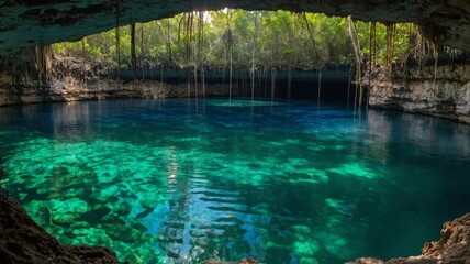 Amazing Underwater Cave With Clear Blue Waters Surrounded by Lush Greenery and Unique Rock Formations at Midday