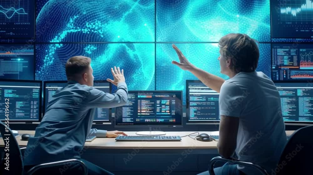 Poster two it specialists collaborate on cybersecurity data analysis with intense focus in modern server ro
