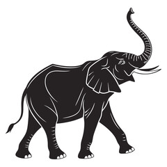 Obraz premium Walking elephant silhouette with raised trunk, flat black vector icon style, isolated