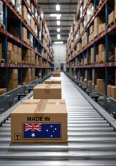 Cardboard boxes with Made in Australia label moving on a conveyor belt system in warehouse
