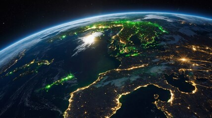 Fototapeta premium Satellite View of Earth Showcasing Cities Illuminated at Night, With Distinct Patterns of Light in Europe and Asia During Evening Hours