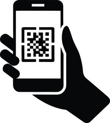 Hand holding smartphone with qr code on screen silhouette vector illustration.