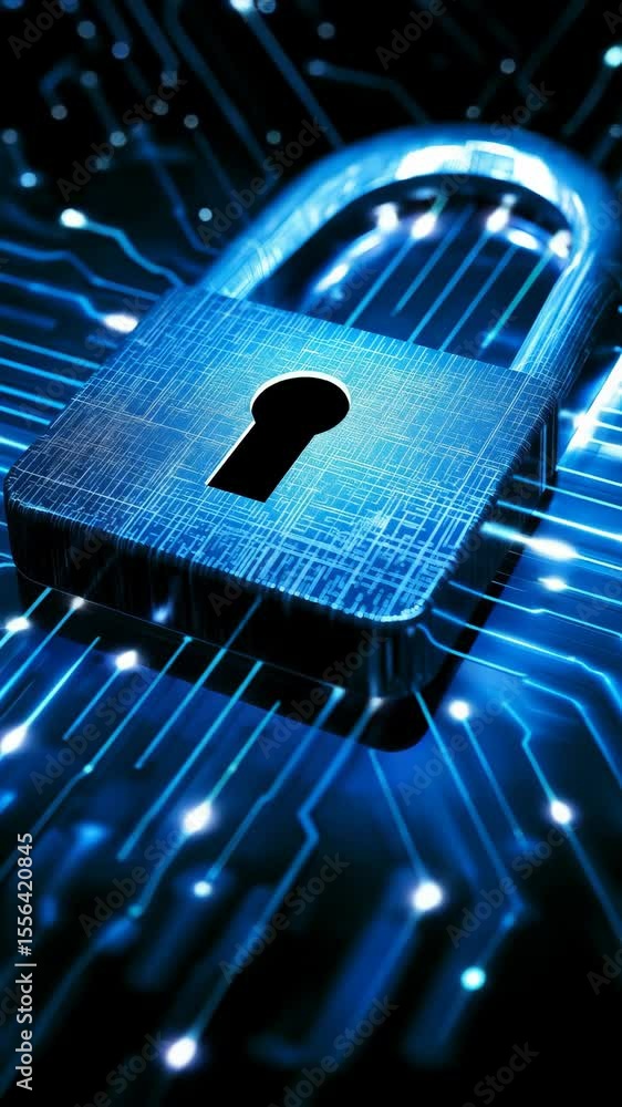 Poster digital security padlock on circuit board with glowing lines. data protection cyber technology conce