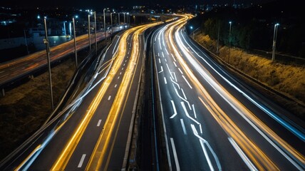 Nighttime Traffic on a Busy Urban Highway With Blurred Light Trails From Moving Vehicles in the City