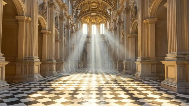  Sunlight shining through windows of baroque palace hall. Architecture and historical beauty concept.