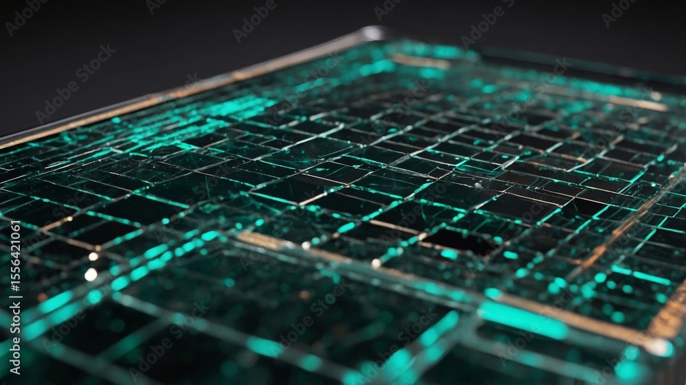 Poster abstract view of a glossy turquoise surface resembling modern technology in a dark studio environmen