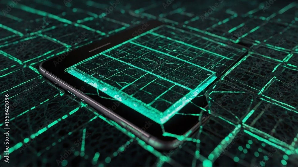 Poster exploration of futuristic smartphone technology with neon grid pattern and glowing circuit design in