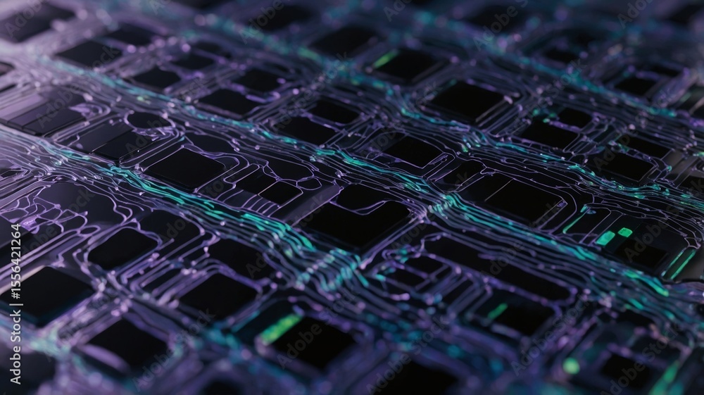 Poster detailed electronic circuit board design featuring intricate pathways and connections, showcasing th