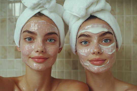 Two models are wearing moisturizing facial masks and white towels on their heads in the bathroom