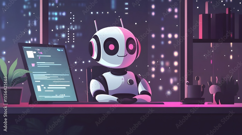 Poster digital companion: a sleek and friendly robot sits at a desk in a futuristic office environment. the