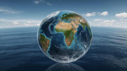 Fototapeta premium Planet Earth Floating in Space Over Blue Ocean With Clouds Visible on a Sunny Day