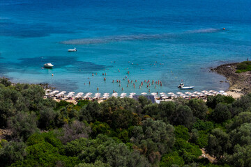 Aerial view of Lichadonisia which is island popular with boat trippers. the Greek Bahamas, in North Evia, Greece