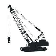 Silhouette of a Large Construction Crane with Track Chassis Black and white silhouette large construction crane crane construction silhouette heavy equipment machinery lifting