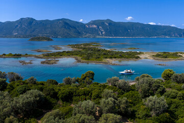 Aerial view of Lichadonisia which is island popular with boat trippers. the Greek Bahamas, in North Evia, Greece