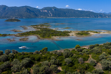 Aerial view of Lichadonisia which is island popular with boat trippers. the Greek Bahamas, in North Evia, Greece