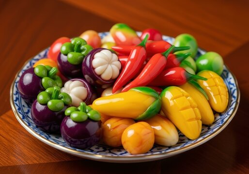 Vibrant Luk Chup Delights Hyperrealistic Food Photography Eye-Level Shot  Exquisite Assortment on Traditional Ceramic Plate Dessert Display