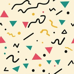 Playful Memphis Style Seamless Pattern with Geometric Shapes and Colors