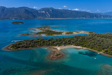 Aerial view of Lichadonisia which is island popular with boat trippers. the Greek Bahamas, in North Evia, Greece